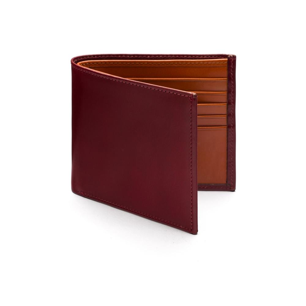 RFID wallet in bridle hide leather, burgundy with orange, front