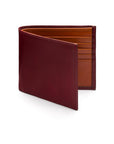 RFID wallet in bridle hide leather, burgundy with orange, front