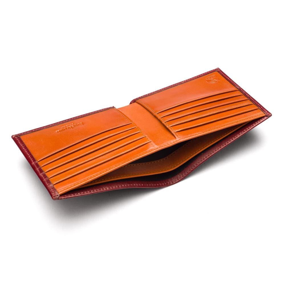 RFID wallet in bridle hide leather, burgundy with orange, inside
