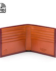 RFID wallet in bridle hide leather, burgundy with orange, open