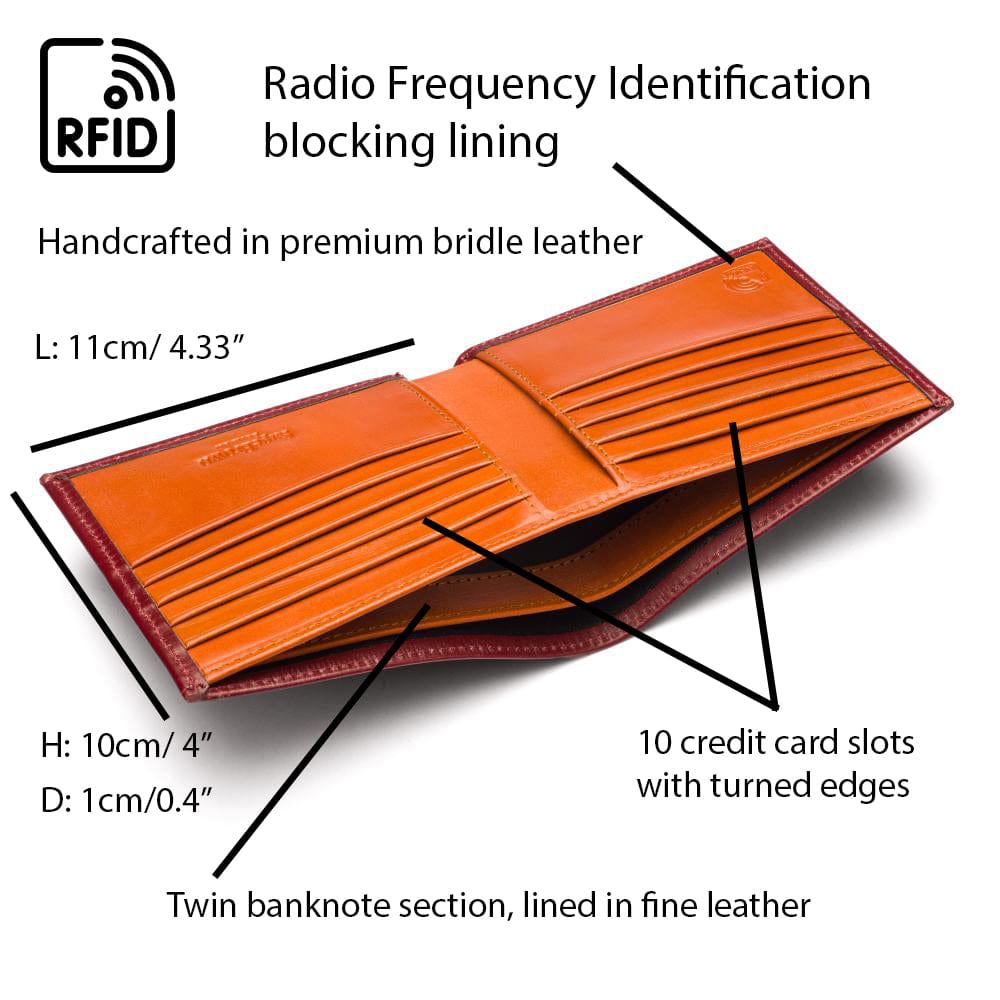 RFID wallet in bridle hide leather, burgundy with orange, features