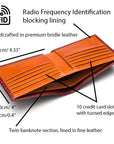 RFID wallet in bridle hide leather, burgundy with orange, features