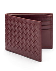 Woven leather wallet with 6 credit card slots, burgundy, front
