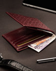 Woven leather wallet with 6 credit card slots, burgundy, lifestyle