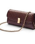 Woven leather clutch bag, burgundy, with chain strap