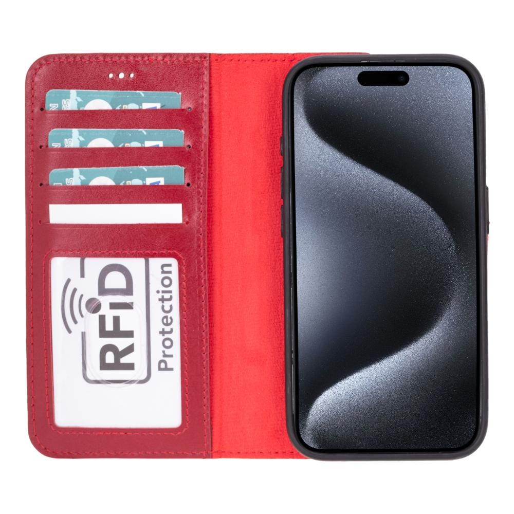 iPhone 15 Pro Max case in leather with RFID, burnished red, open