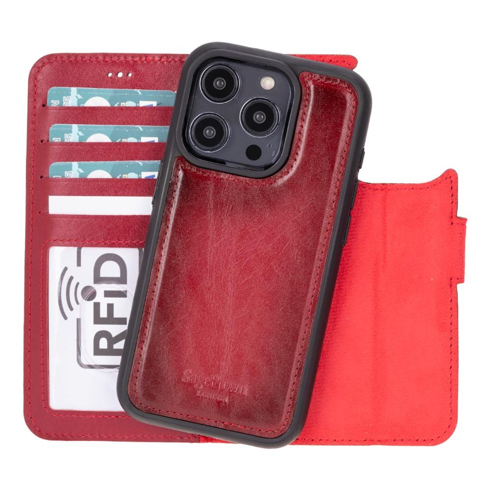 iPhone 15 Pro Max case in leather with RFID, burnished red, detachable cradle