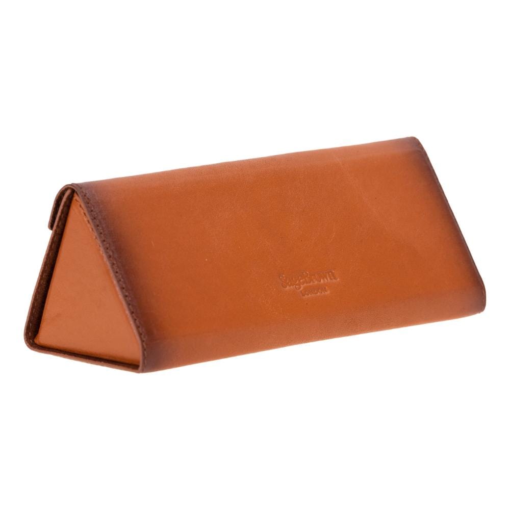 Triangular leather glasses case, burnished tan, back