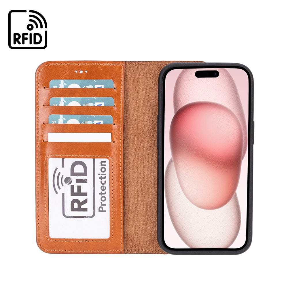 iPhone 15 case in leather with RFID, tan, inside