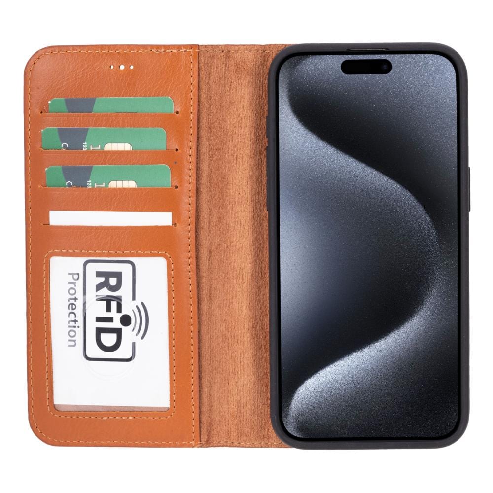 iPhone 15 Pro case in leather with RFID, burnished tan, inside