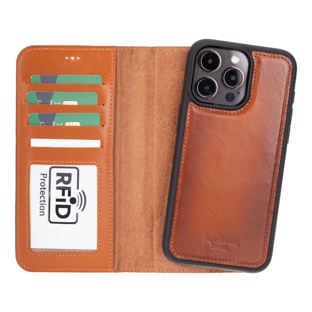 iPhone 15 Pro case in leather with RFID, burnished tan, detachable phone cradle