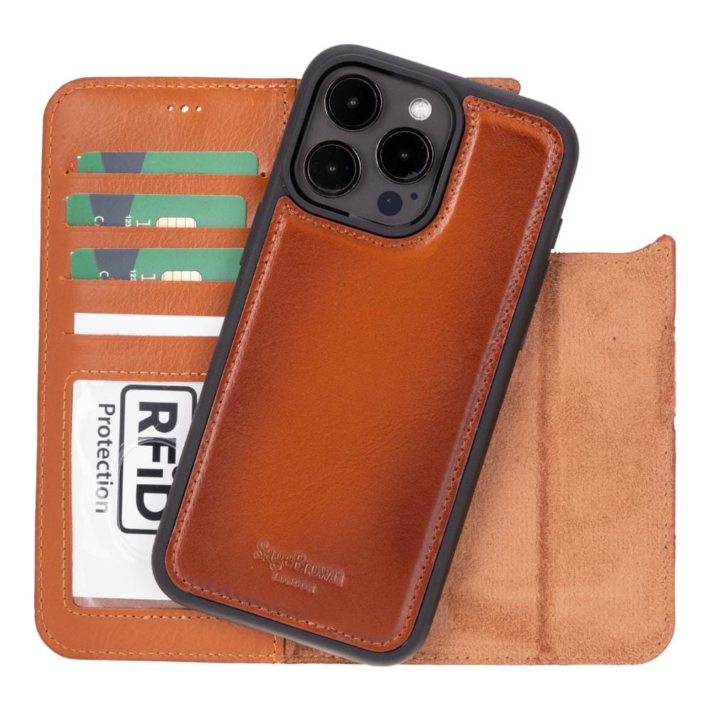 iPhone 15 Pro case in leather with RFID, burnished tan