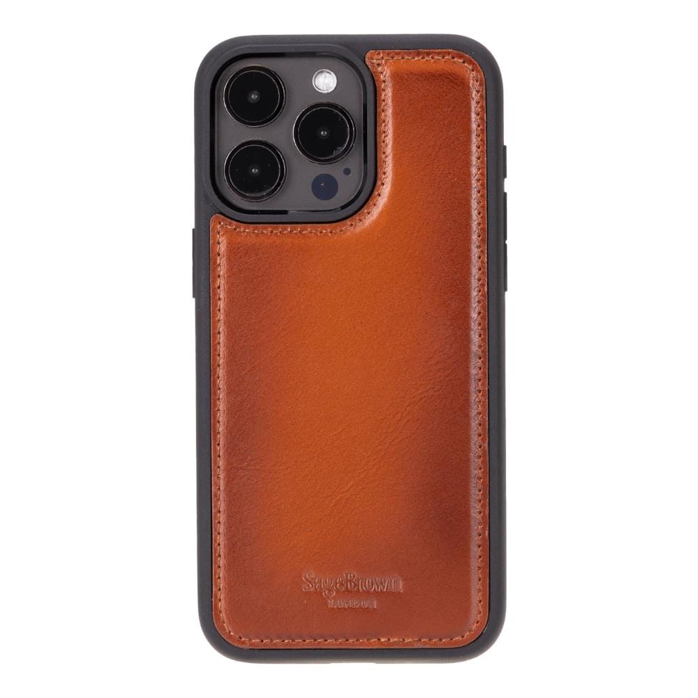 iPhone 15 Pro case in leather with RFID, burnished tan, back