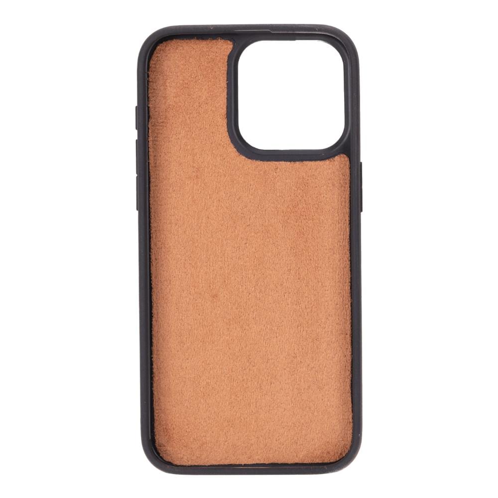 iPhone 15 Pro case in leather with RFID, burnished tan, inside back cover