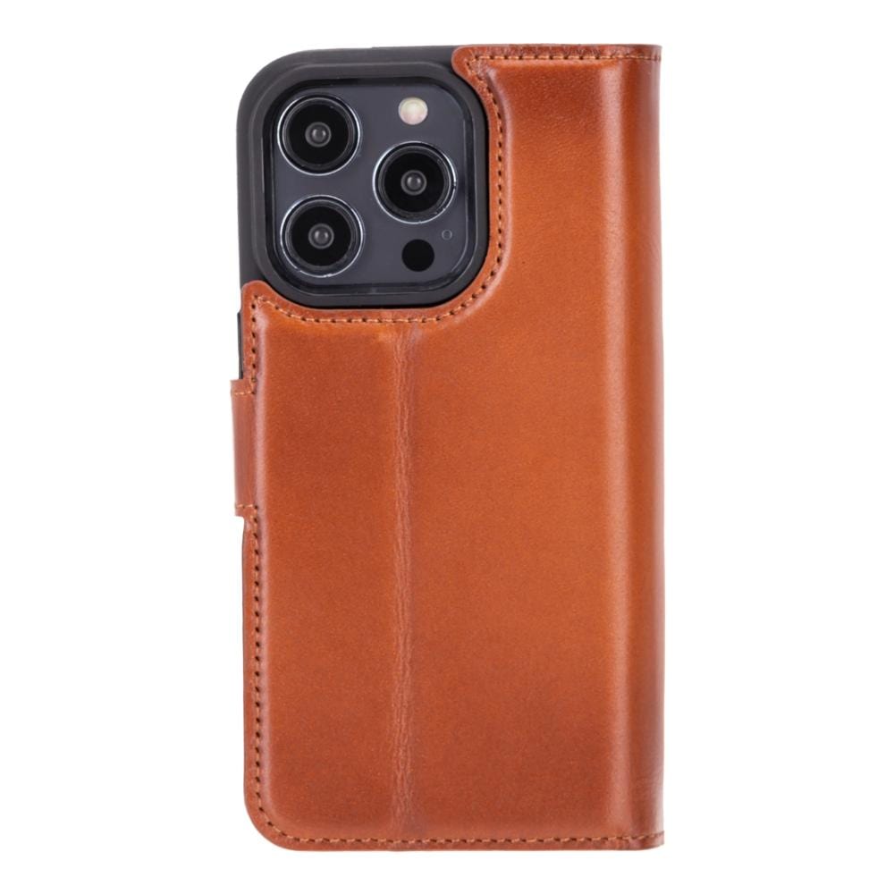 iPhone 15 Pro Max case in leather with RFID protection, burnished tan, back