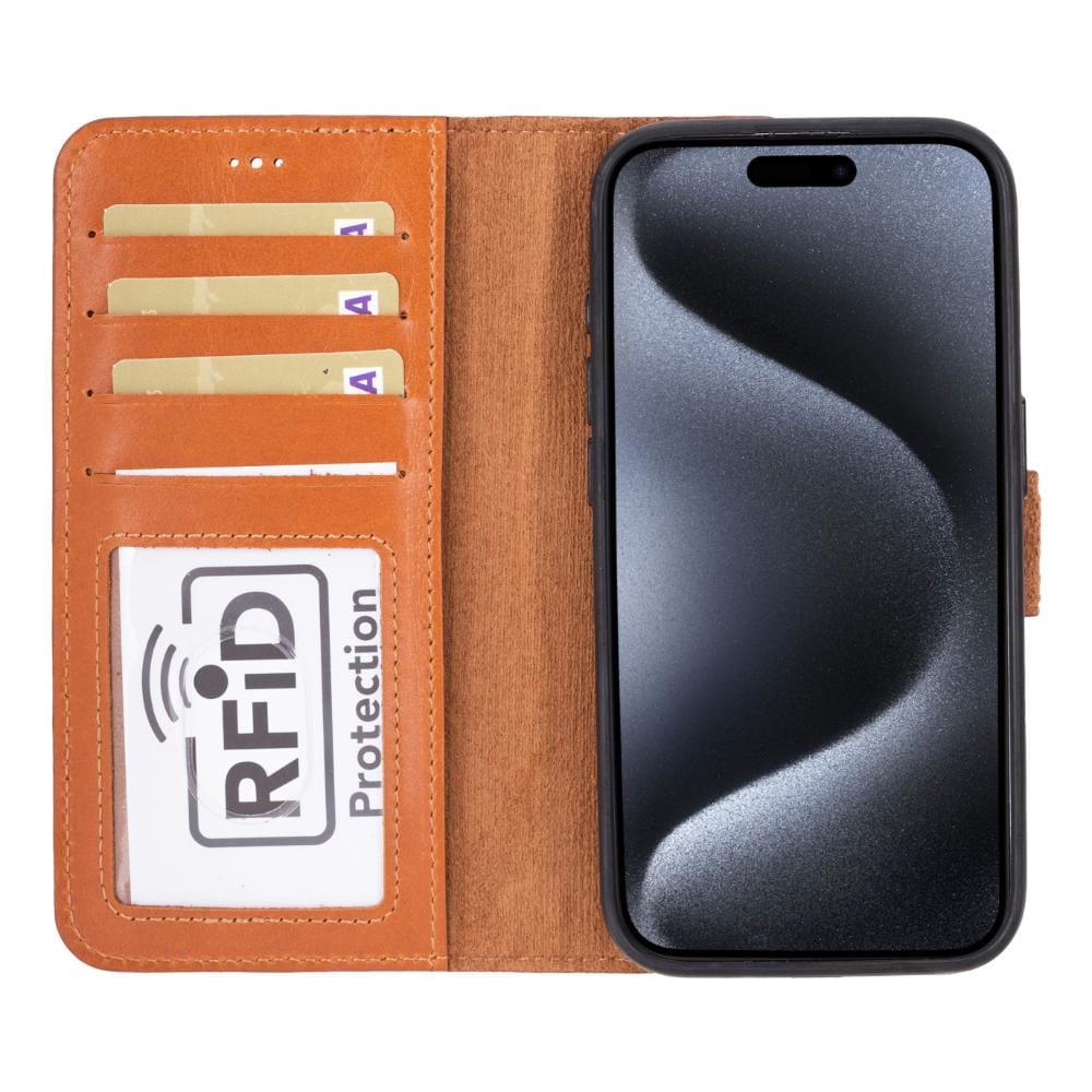 iPhone 15 Pro Max case in leather with RFID protection, burnished tan, open