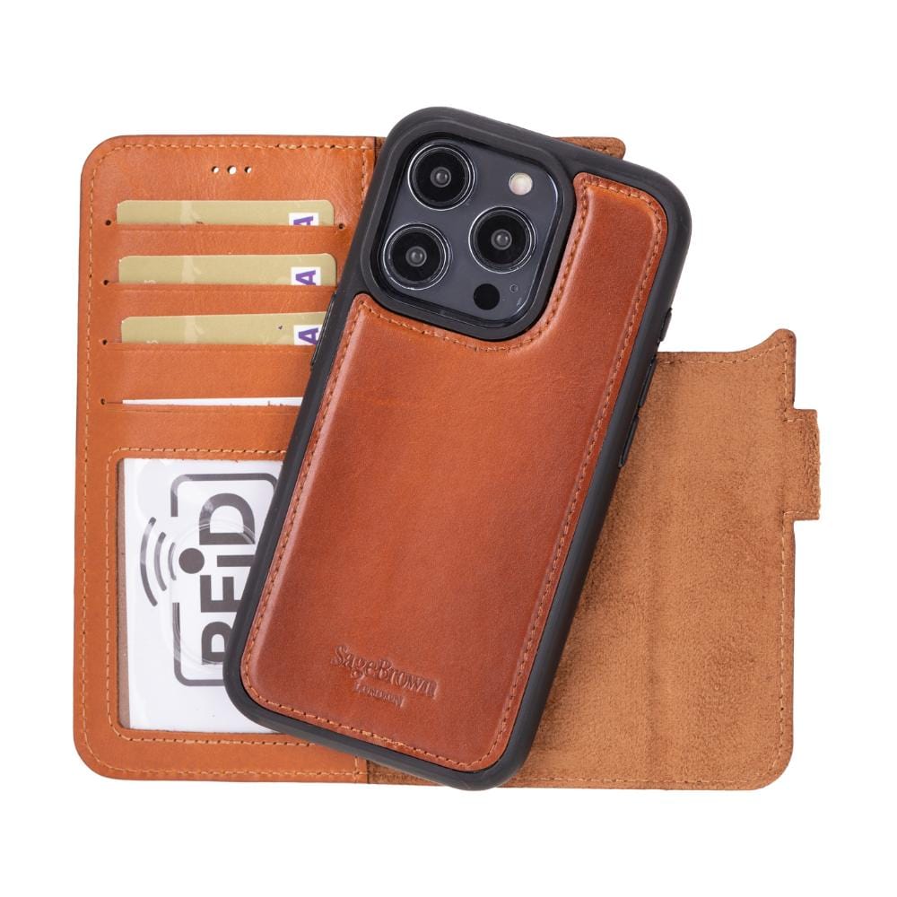 iPhone 15 Pro Max case in leather with RFID protection, burnished tan, detachable cradle