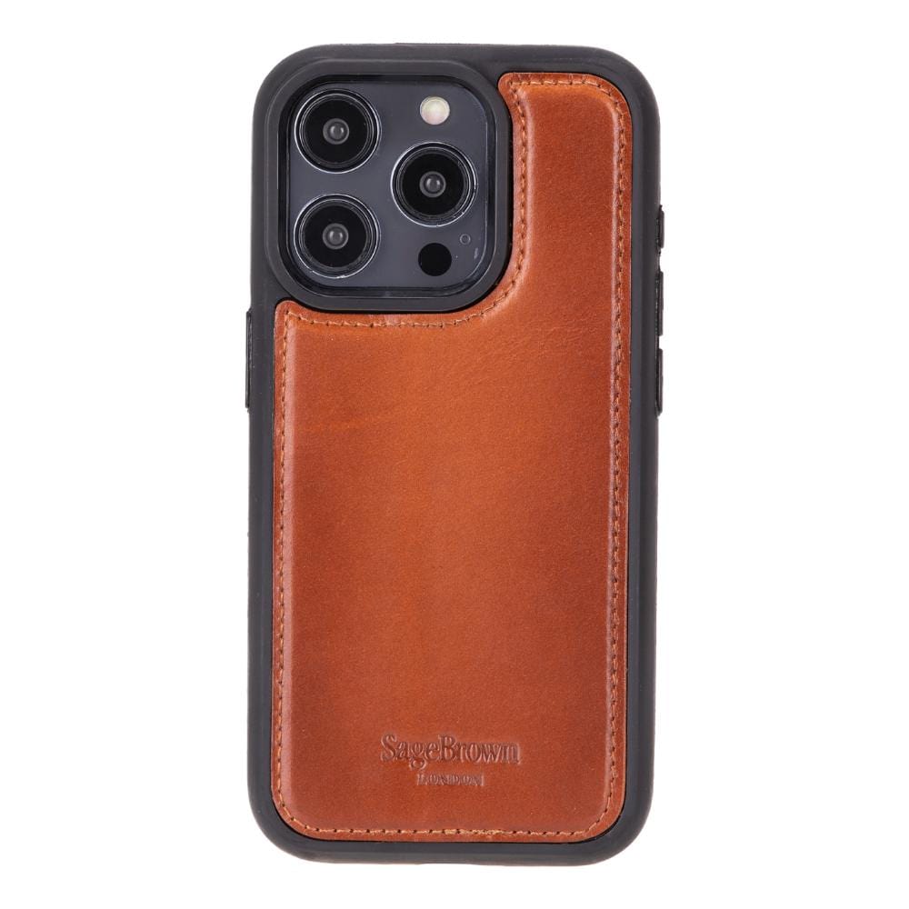 iPhone 15 Pro Max case in leather with RFID protection, burnished tan, back cover