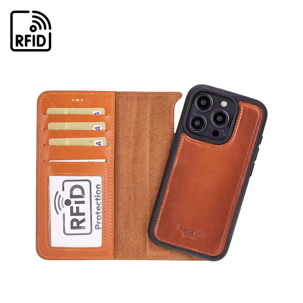 iPhone 15 Pro Max case in eather with RFID, burnished tan, inside