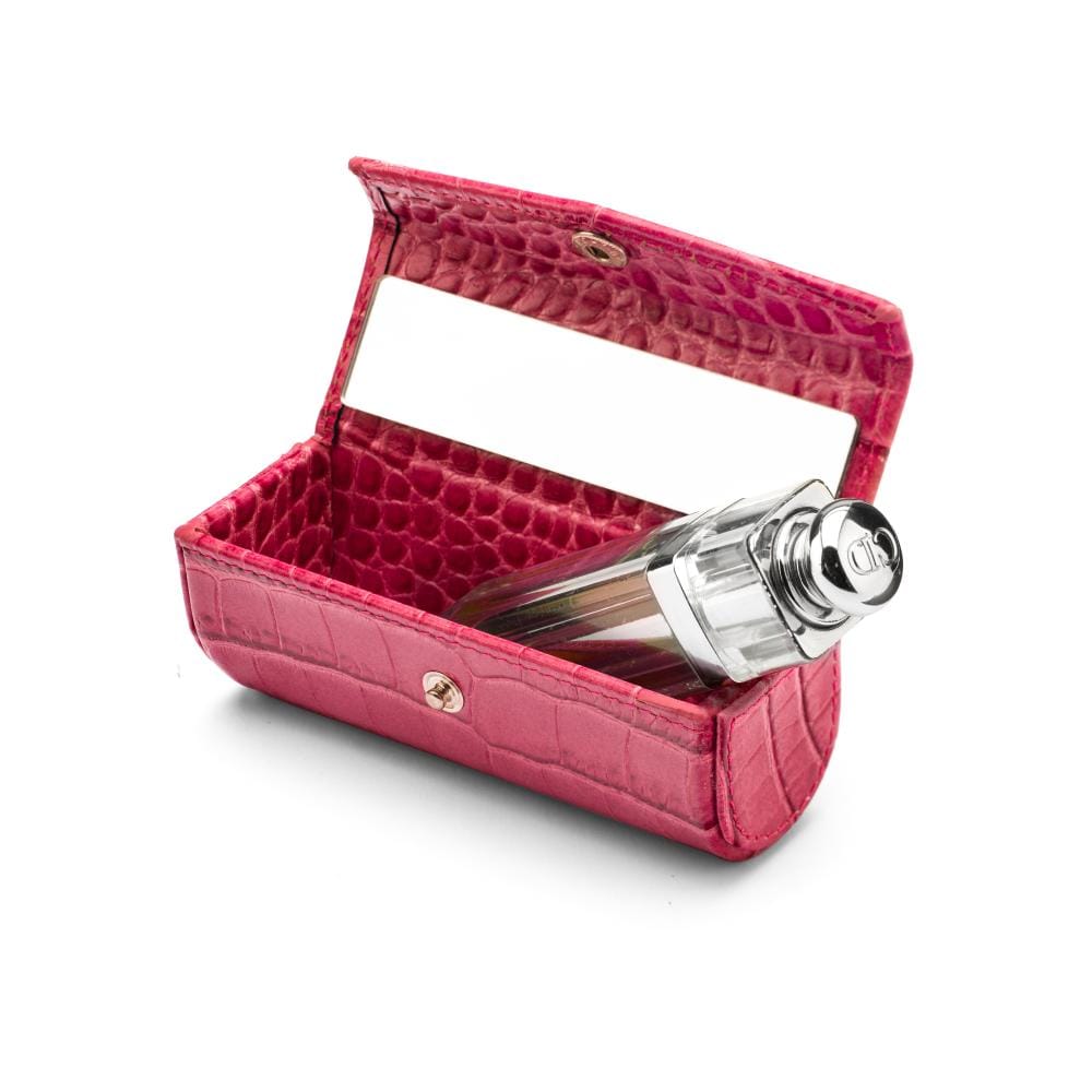 Leather lipstick case, cerise pink croc, inside view