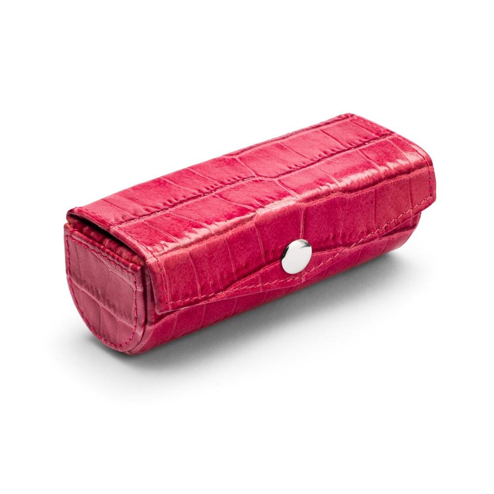 Leather lipstick case, cerise pink croc, front