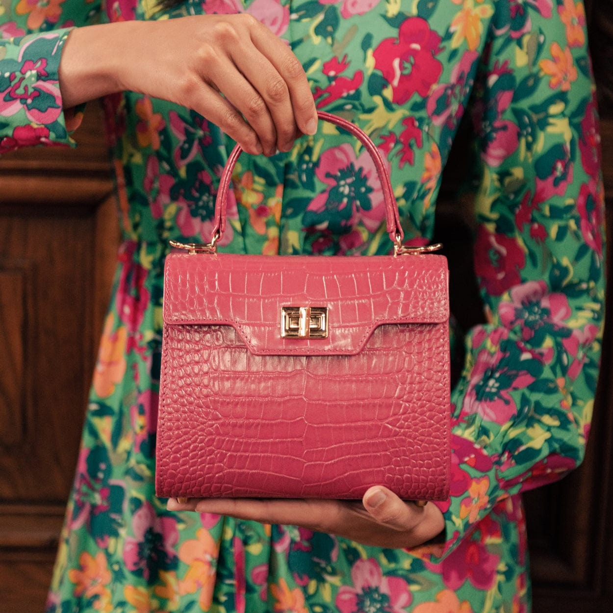 Mini Morgan Bag, Cerise Pink Croc Top Handle Bag SageBrown