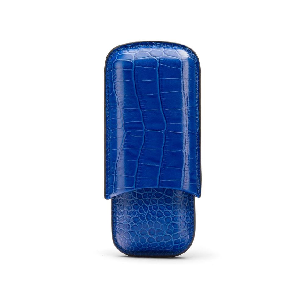 Double leather cigar case, cobalt croc, front