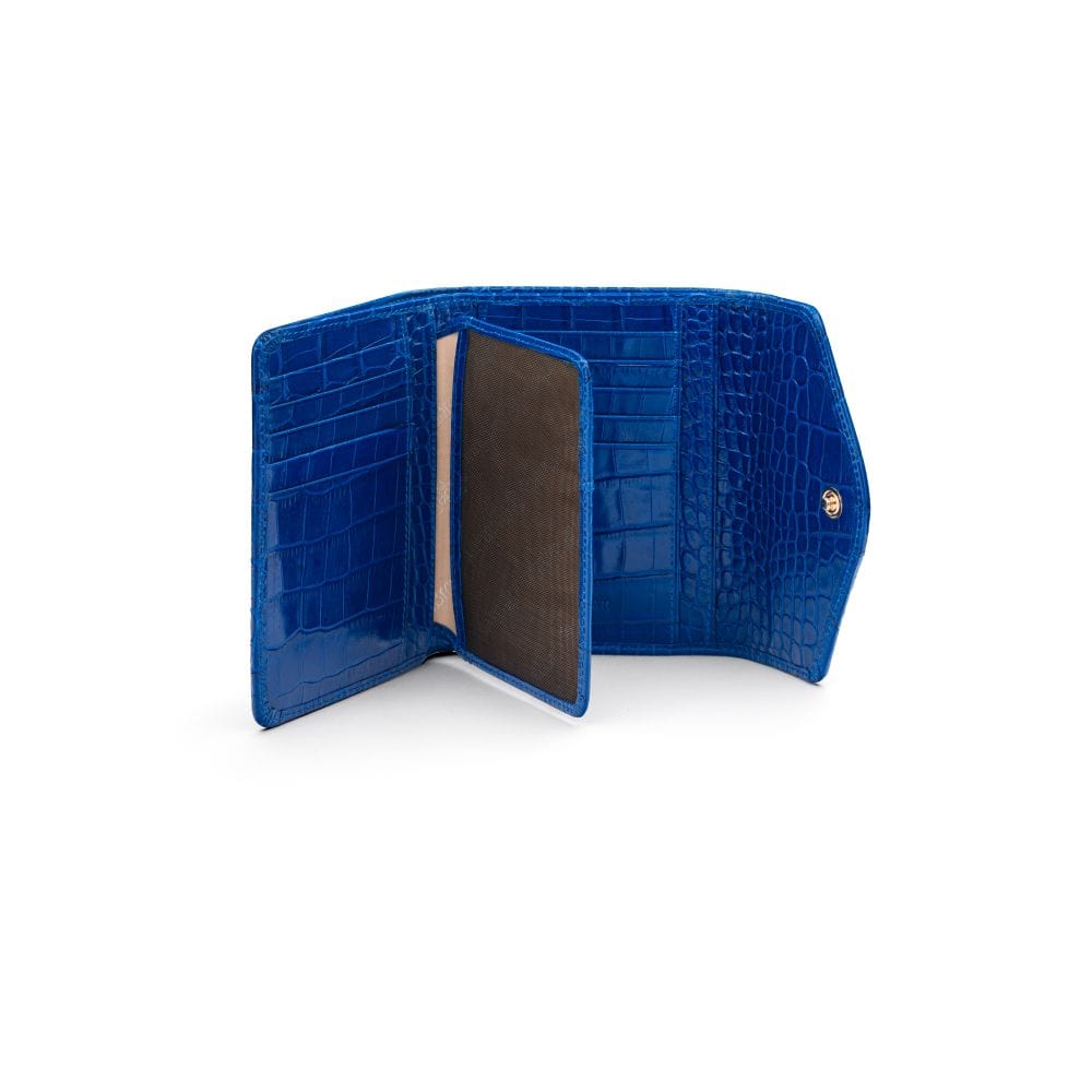Large leather purse with 15 CC, cobalt croc, inside