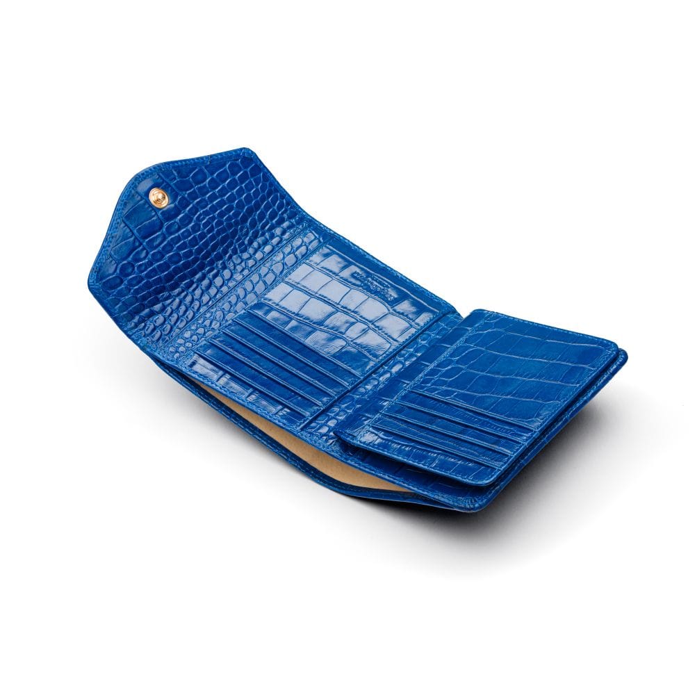 Large leather purse with 15 CC, cobalt croc, open