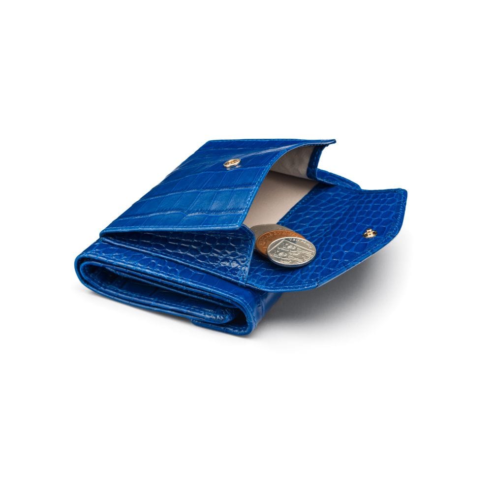 Large leather purse with 15 CC, cobalt croc, coin purse
