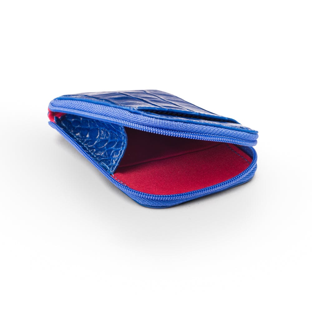 Leather card case with zip, cobalt croc, inside