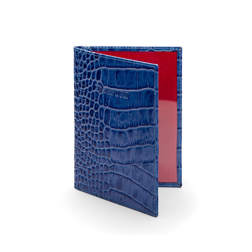 Luxury leather passport cover, cobalt croc, front