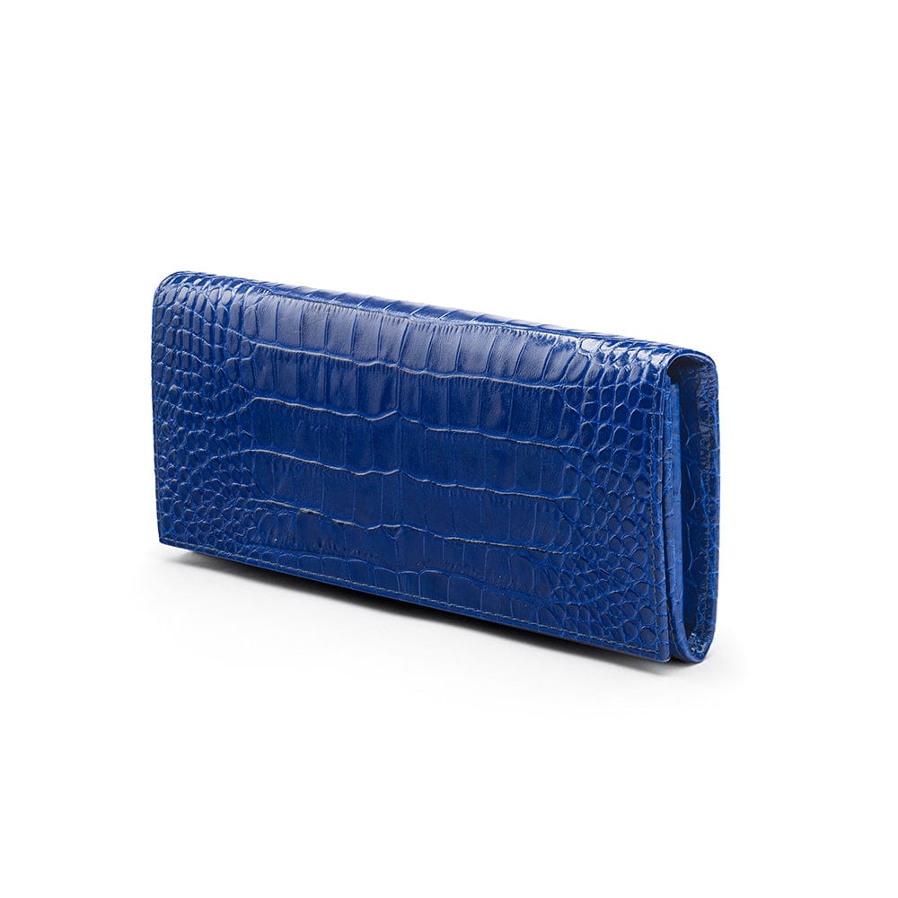 Leather Mayfair concertina purse, cobalt croc, front