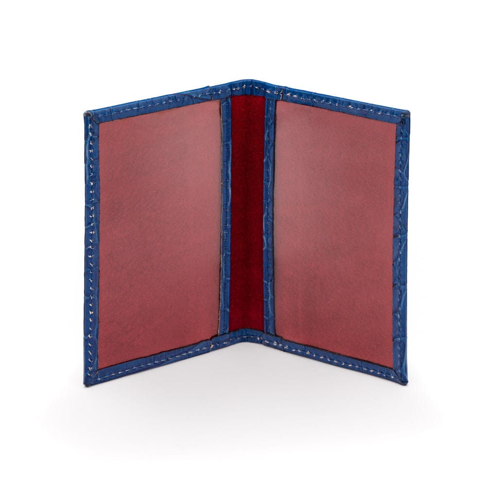 Leather travel card wallet, cobalt croc with red, inside