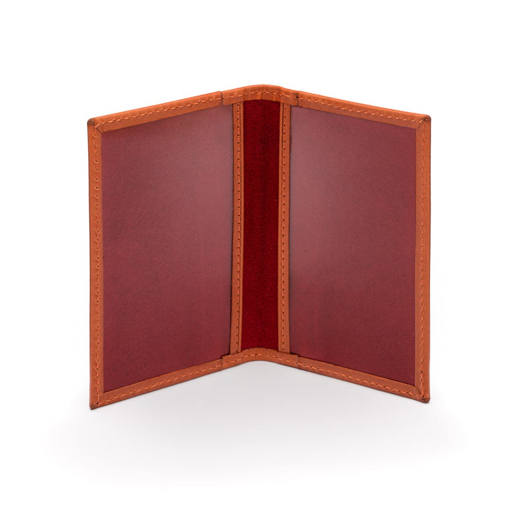 Leather travel card wallet, orange with red, inside
