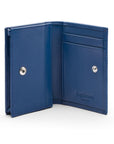 Expandable leather business card holder with stud, cobalt, open