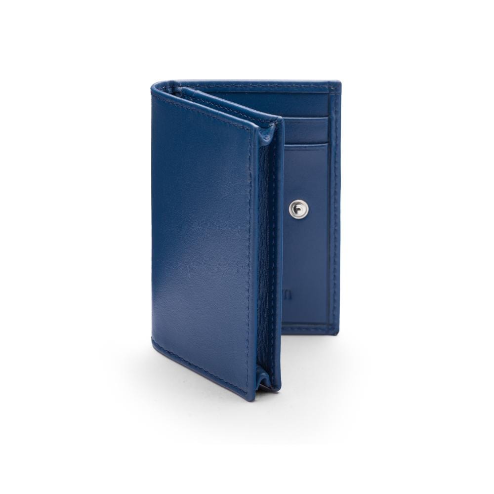 Expandable leather business card holder with stud, cobalt, front