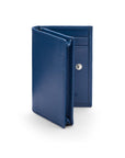 Expandable leather business card holder with stud, cobalt, front