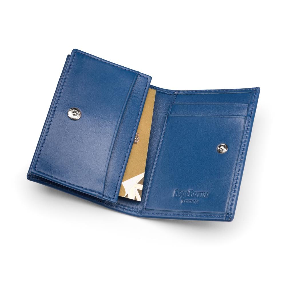 Expandable leather business card holder with stud, cobalt, inside