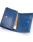 Expandable leather business card holder with stud, cobalt, inside
