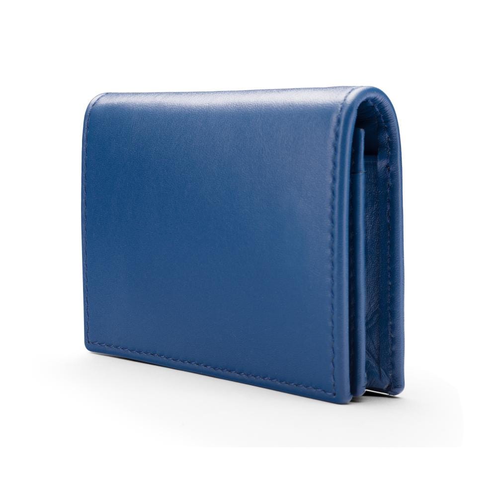 Expandable leather business card holder with stud, cobalt, side
