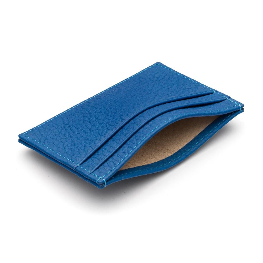 Flat leather credit card wallet 4 CC, cobalt pebble grain, inside