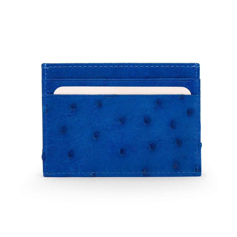 Flat ostrich leather credit card case, cobalt blue ostrich leather, front