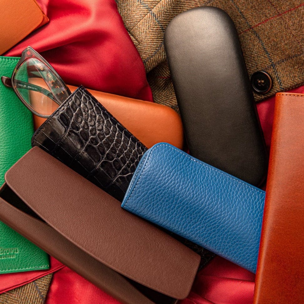 Leather glasses sheath, cobalt, lifestyle