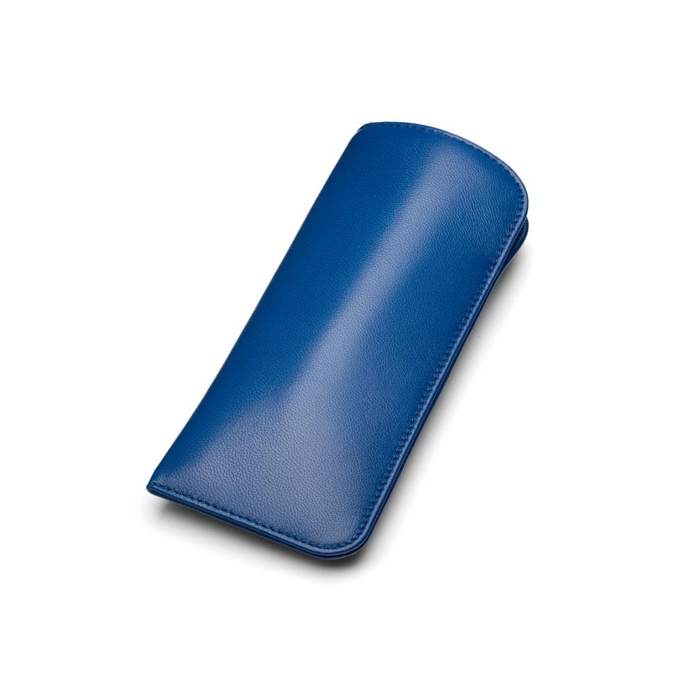 Large leather glasses case, soft cobalt, front