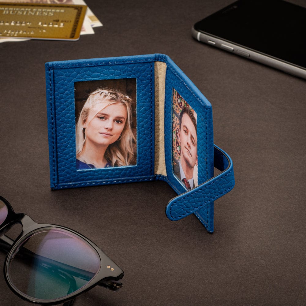 Mini leather passport photo frame, cobalt, 60 x 40mm, lifestyle