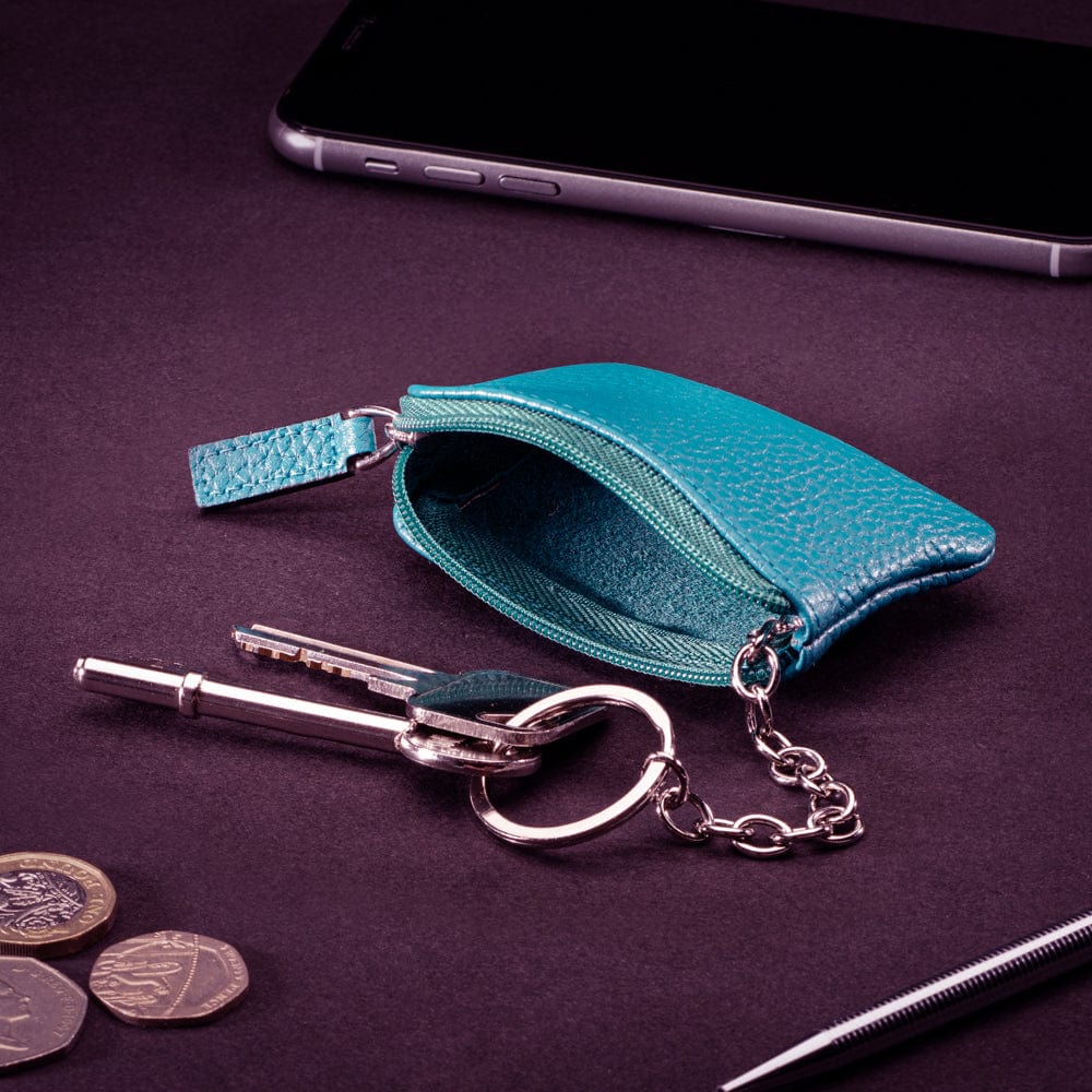 Miniature leather coin purse with key chain, cobalt, lifestyle