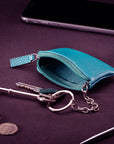 Miniature leather coin purse with key chain, cobalt, lifestyle