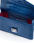 Luxury Leather Maya Top Handle Crossbody Bag, Cobalt Patent Croc, inside