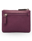 RFID Small leather zip coin pouch, purple pebble grain, front